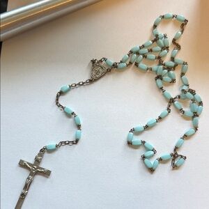 Chic Silver and Blue Beaded Cross rosery necklace